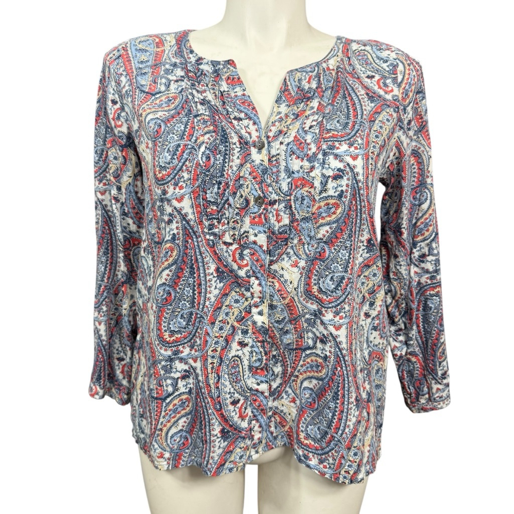 J.Jill Paisley Button Front Blouse Women M Petite Blue Red Long Sleeve